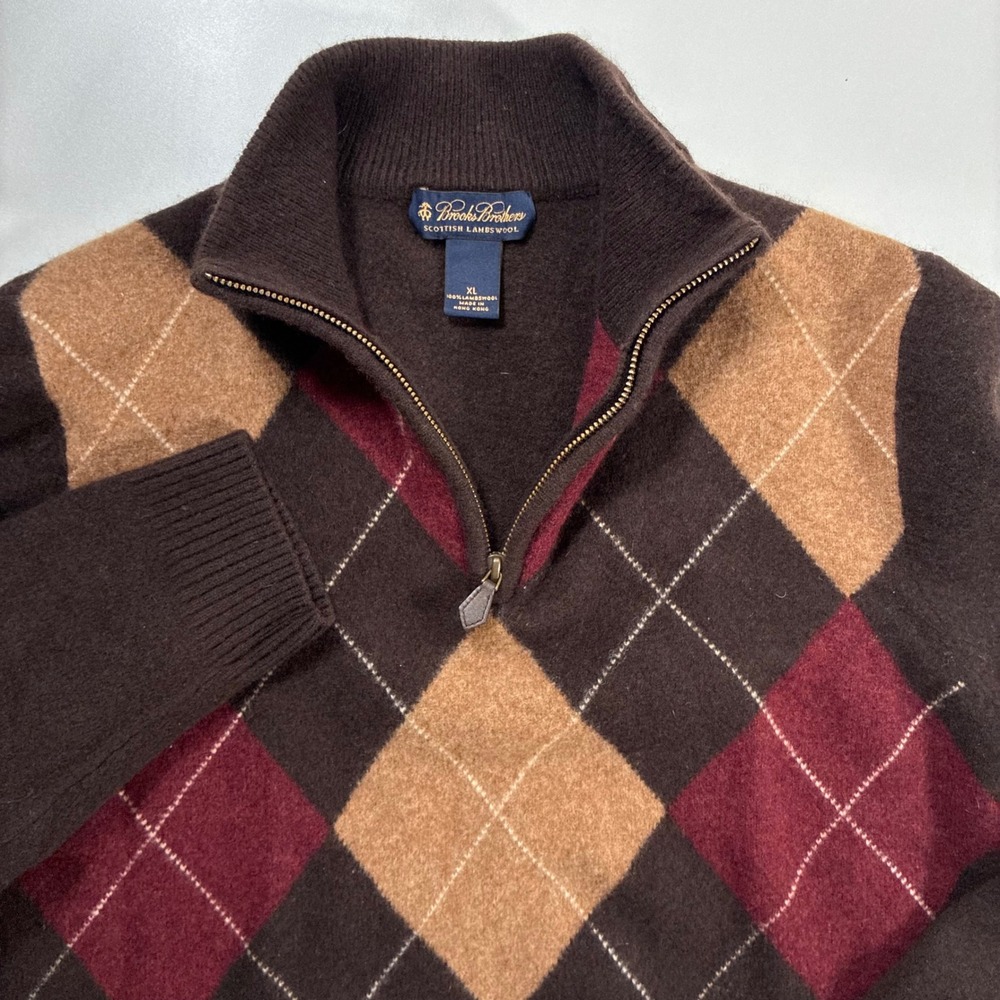 Brooks Brothers Lambswool Sweater XL Brown Argyle Scottish Quarter Zip